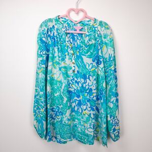 Lilly Pulitzer Silk Blue Floral Blouse – Long‎ Sleeve – Coastal Preppy – Small